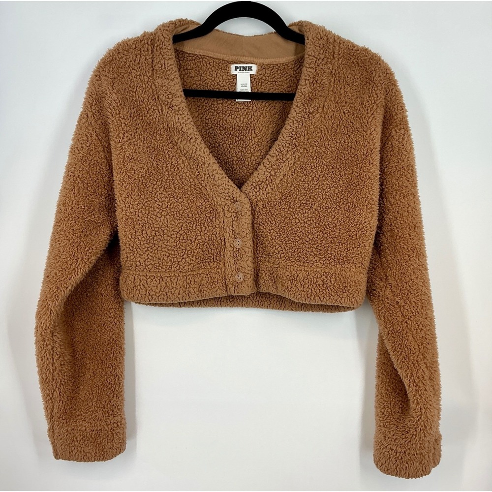 PINK Victoria's Secret Sherpa Teddy Cropped Cardigan Sweater‎ Small Brown Cozy
